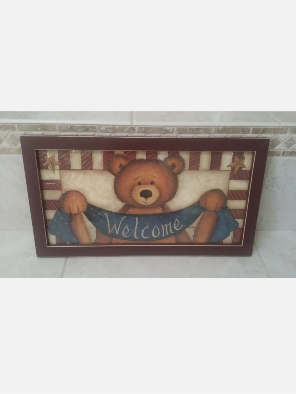 🌟🧸 MARY ANN JUNE 🧸🌟 Welcome Bear Framed Wall Art Picture In Burgandy Frame